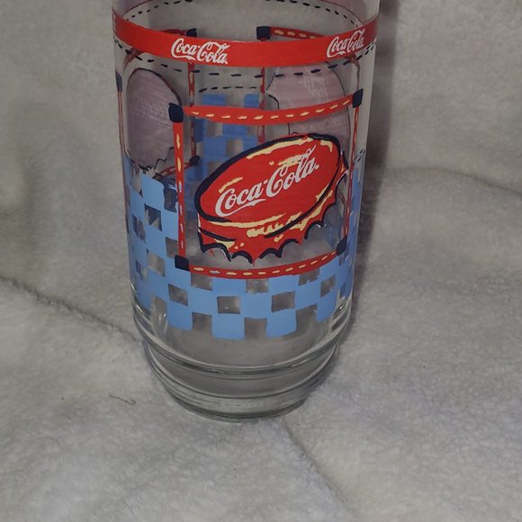 Coca-Cola vintage 1980s Blue Checkered Band Drinking Glass - Picture 6 of 6